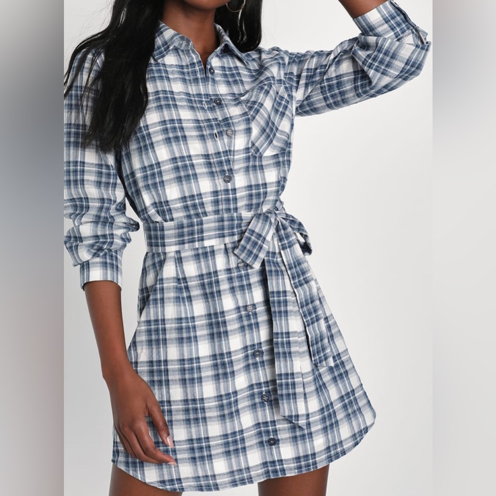 Lulu's Blue Plaid Long Sleeve Shirt Dress 10% Cotton